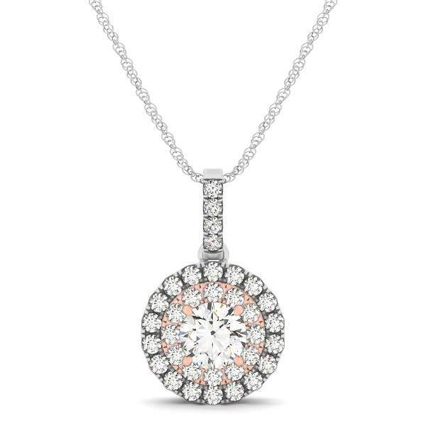 Round Shape Halo Diamond Pendant in 14k White and Rose Gold (1/2 cttw)