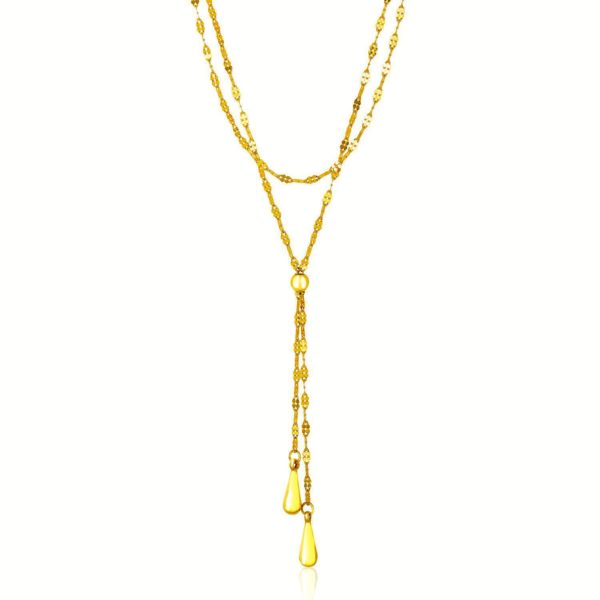 14k Yellow Gold Double Strand Chain with Puffed Heart Lariat Necklace