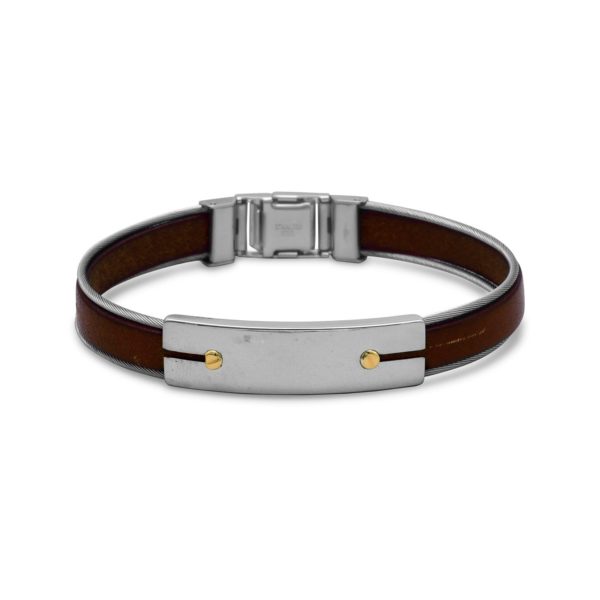 8.5 Stainless Steel and Leather Men's Bracelet with 18 Karat Gold Accents
