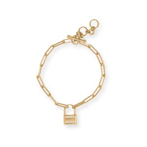 7.5 14 Karat Gold Plated CZ Lock Toggle Bracelet