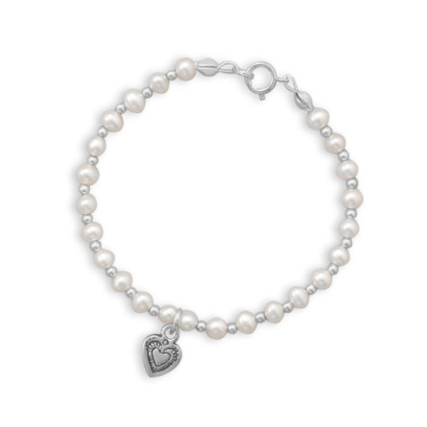 6 Cultured Freshwater Pearl and Silver Bead Bracelet with Oxidized Heart