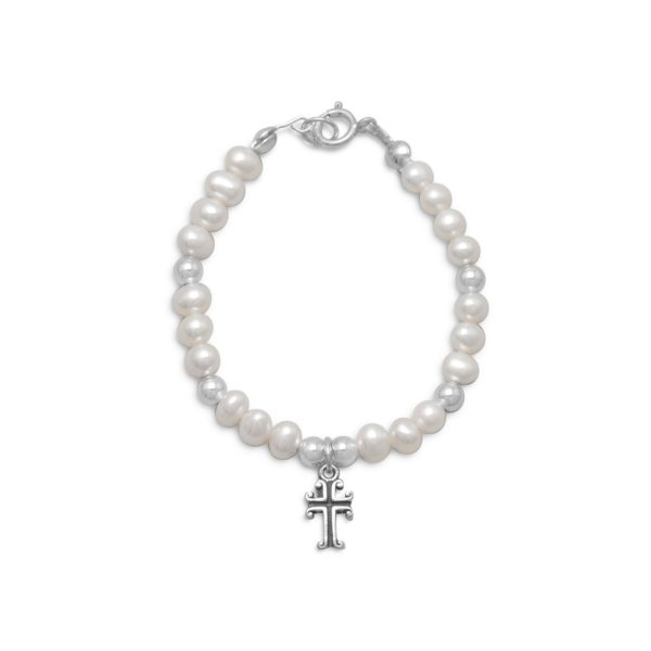 5 White Cultured Freshwater Pearl and Silver Bead Bracelet with Cross