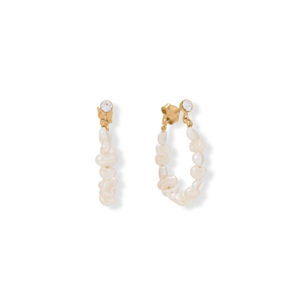 14 Karat Gold Plated Crystal and Cultured Freshwater Pearl Hoop Earrings