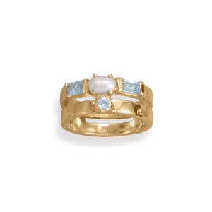 14 Karat Gold Plated Cultured Freshwater Pearl and Blue Topaz Ring