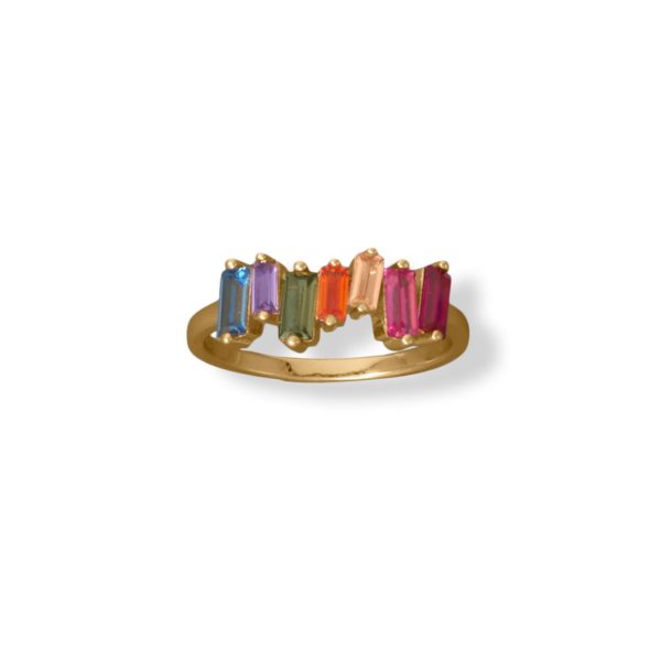 14 Karat Gold Plated Rainbow Baguette CZ Ring