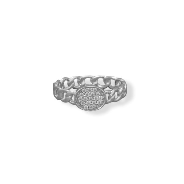 Rhodium Plated Link Band with Pave CZ Oval Disk