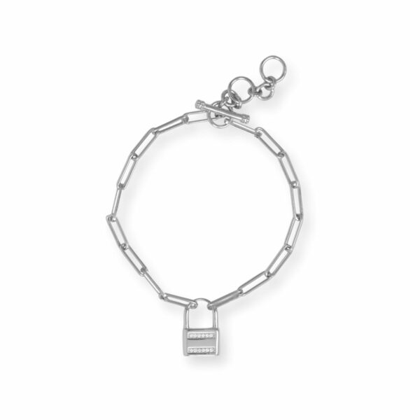 7.5 Rhodium Plated CZ Lock Toggle Bracelet