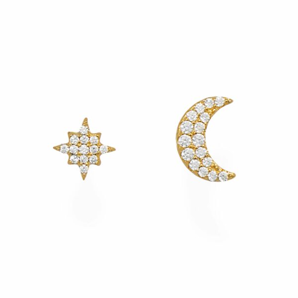 14 Karat Gold Plated CZ Moon and Star Stud Earrings