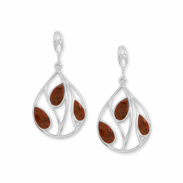 Polished Cutout Pear and Baltic Amber Post Earrings