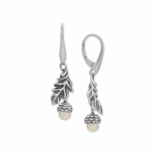 Cultured Freshwater Pearl Acorn and Leaf Lever Earrings